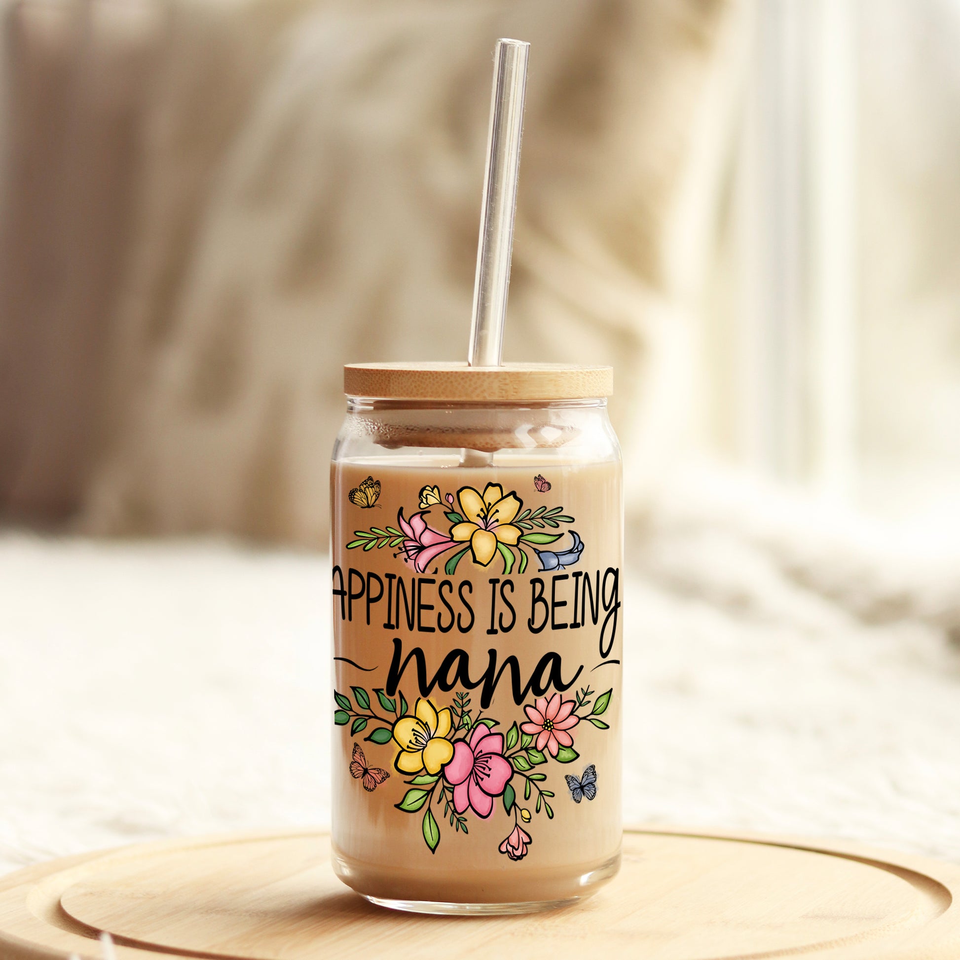 Happiness is being a Nana 16oz Libbey Glass Can UV DTF or Sublimation Cup Wrap - Decal Transfer - Weefers