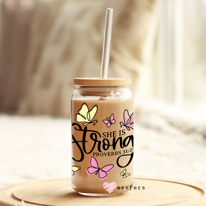 She is Strong Christian 16oz Libbey Glass Can UV DTF or Sublimation Wrap - Decal - Weefers