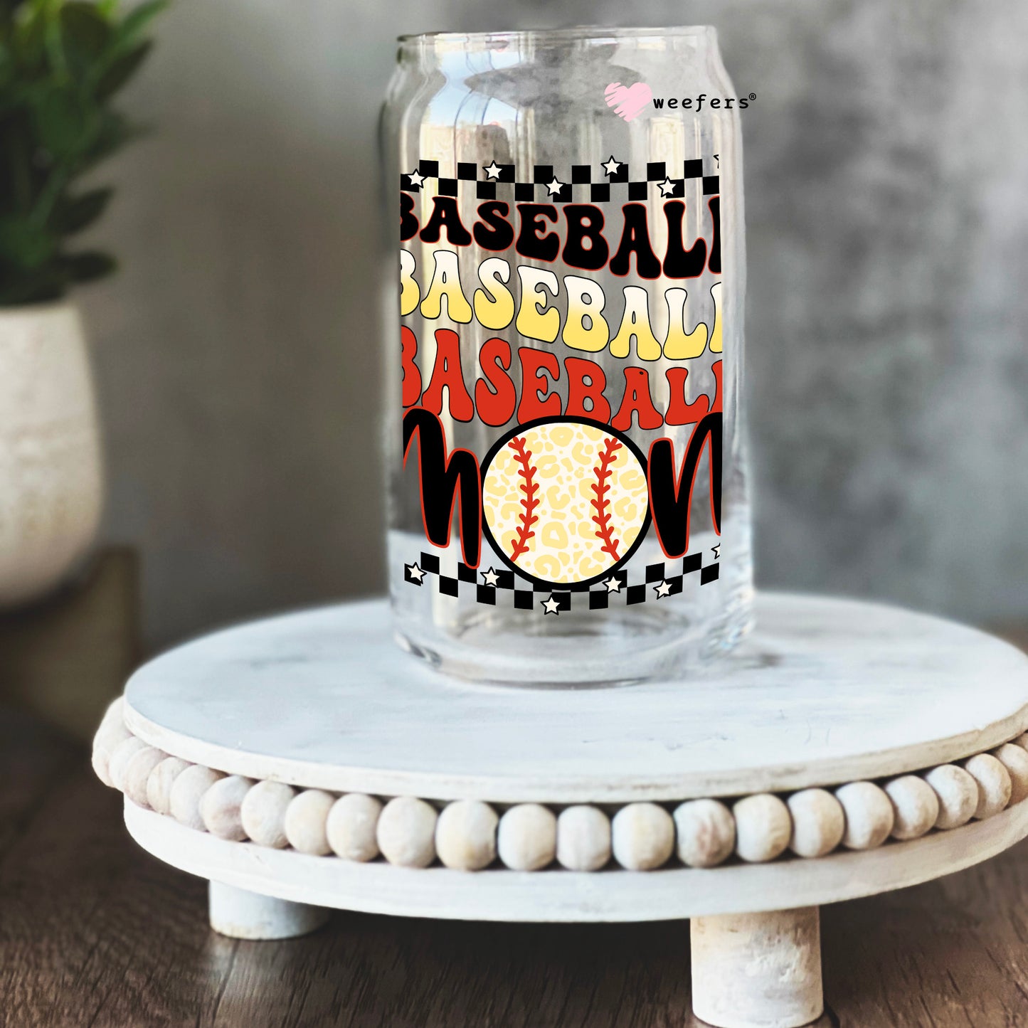 Baseball Mom Stacked 16oz Libbey Glass Can UV DTF or Sublimation Cup Wrap - Decal Transfer - Weefers