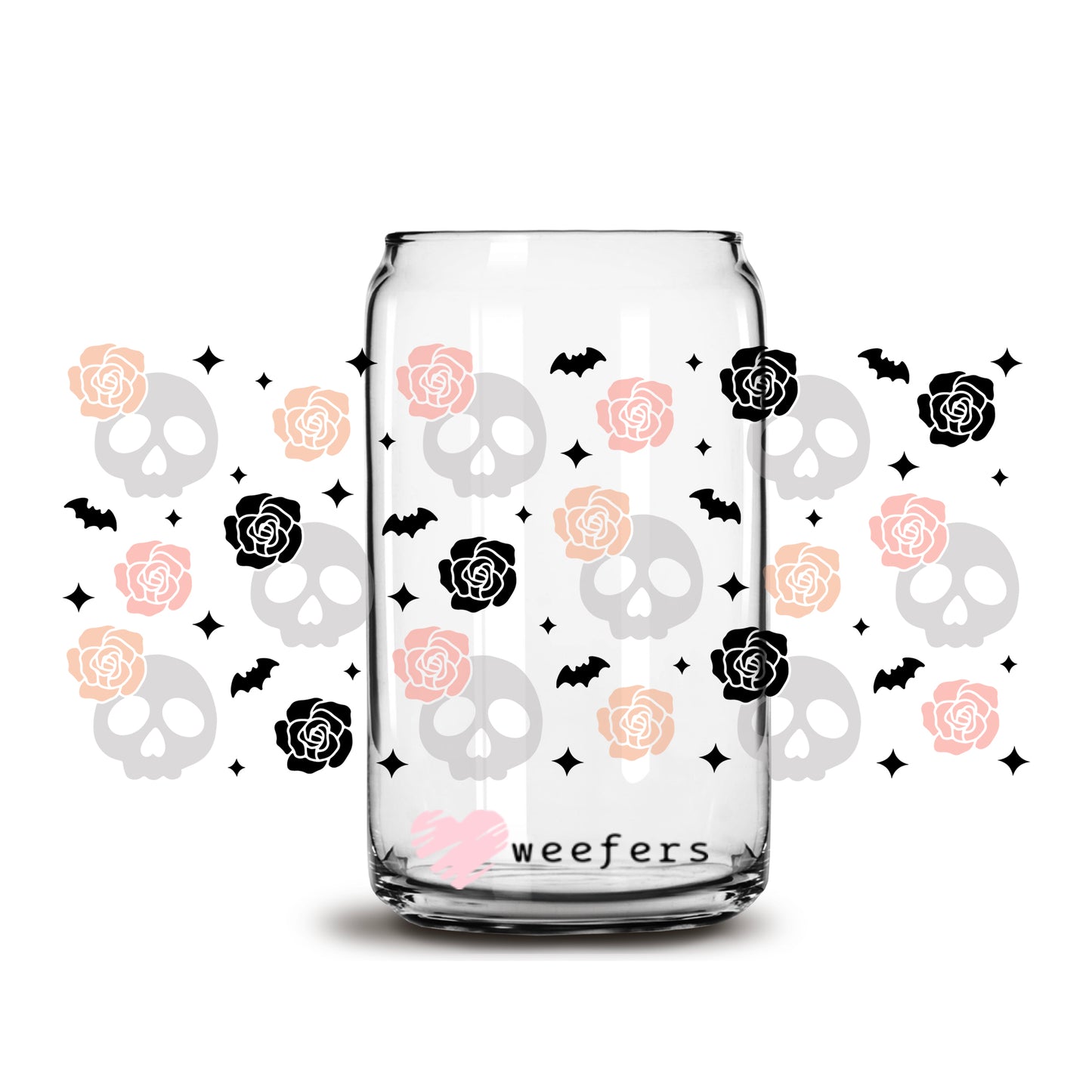 Pink Roses and Skulls 16oz Libbey Glass Can UV DTF or Sublimation Wrap - Decal - Weefers