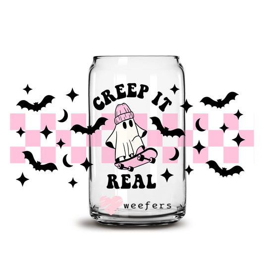 Creep it Real Pink and Black Ghost Halloween 16oz Libbey Glass Can UV DTF or Sublimation Wrap - Decal - Weefers