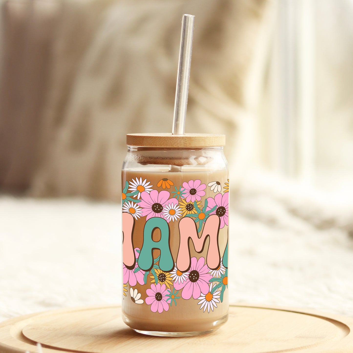 Mama Spring Retro Flowers 16oz Libbey Glass Can UV DTF or Sublimation Wrap - Decal - Weefers