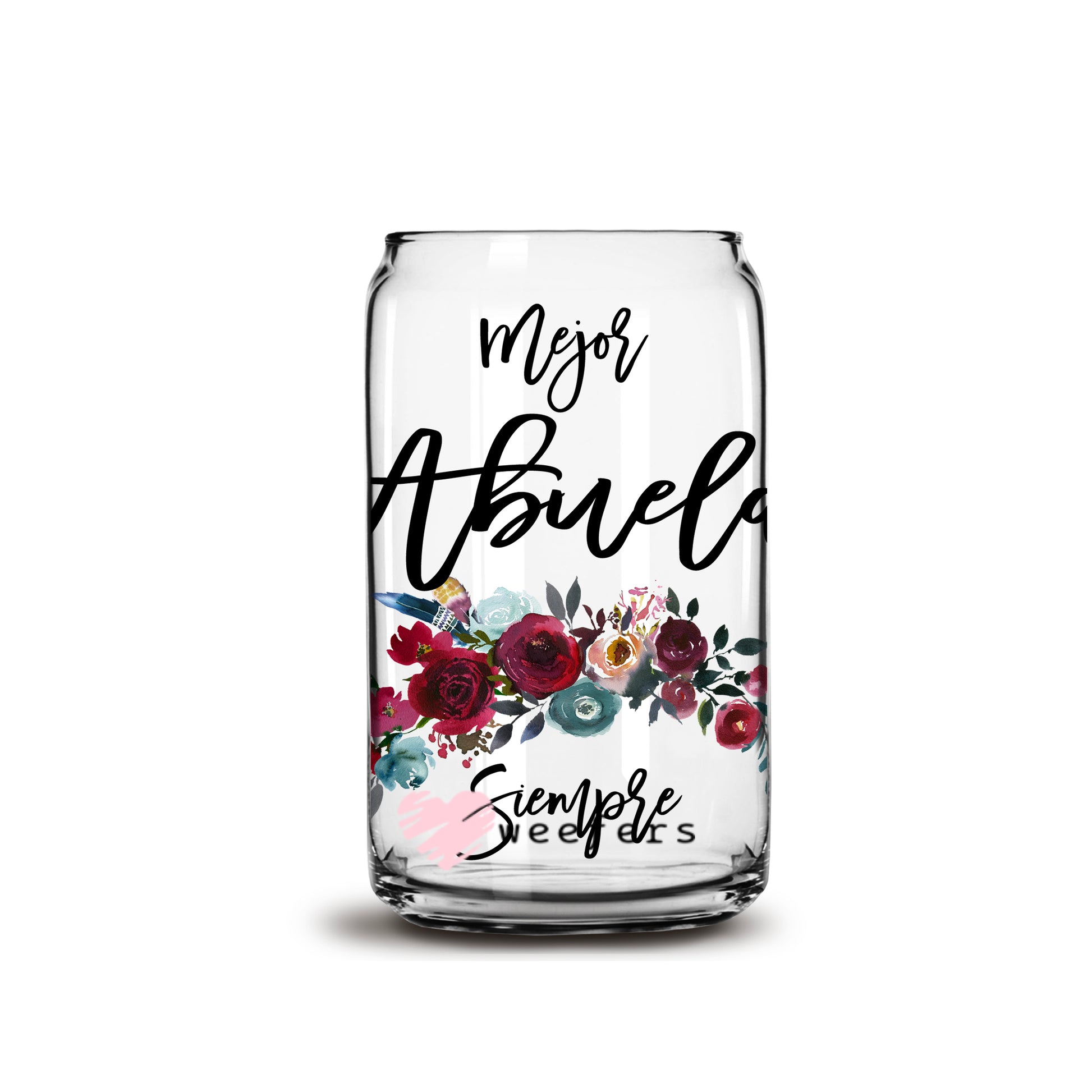 Spanish Mejor Abuela Siempre Burgundy Floral 16oz Libbey Glass Can UV DTF or Sublimation Wrap - Decal - Weefers