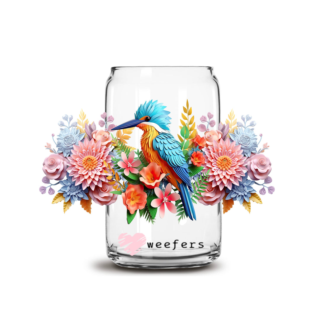 a glass jar with flowers and a bird painted on it