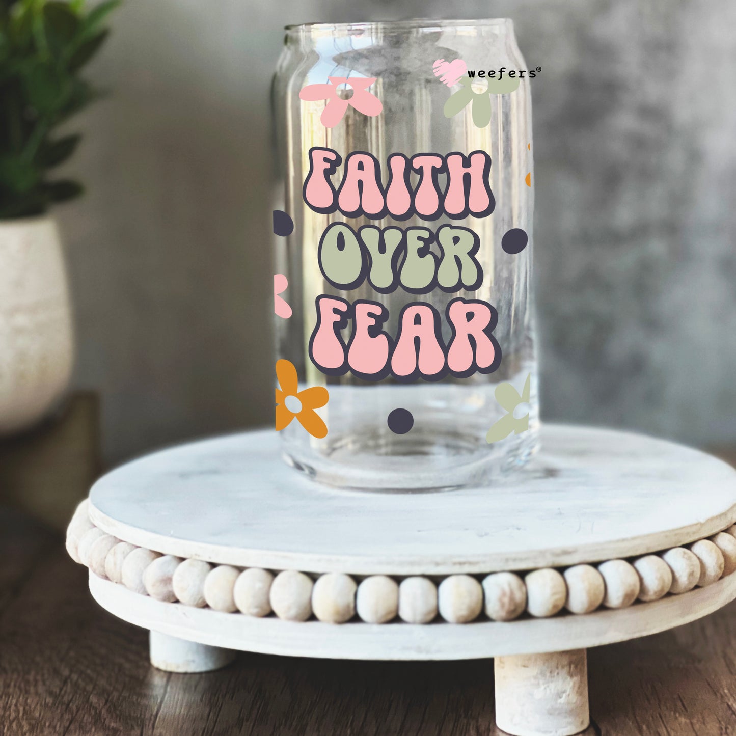 Retro Faith Over Fear 16oz Libbey Glass Can UV DTF or Sublimation Wrap - Decal - Weefers