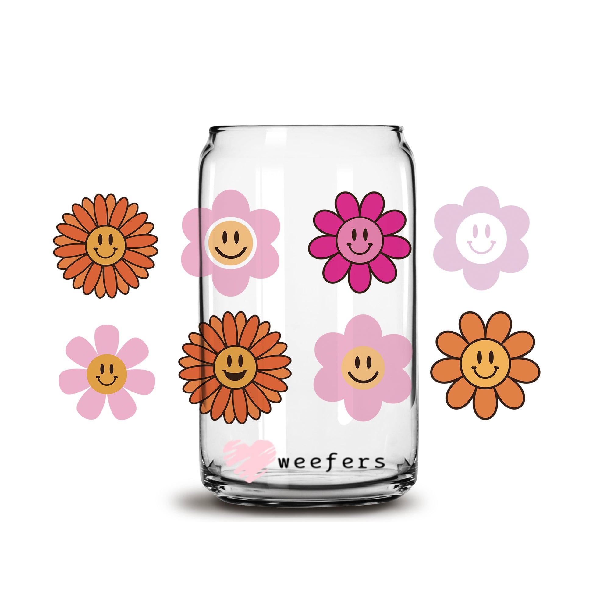 Retro Smile Flowers Libbey Glass Can Wrap UV DTF Sublimation Transfers - Weefers