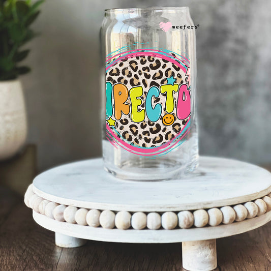 Director Pink Cheetah 16oz Libbey Glass Can UV DTF or Sublimation Cup Wrap - Decal Transfer Weefers