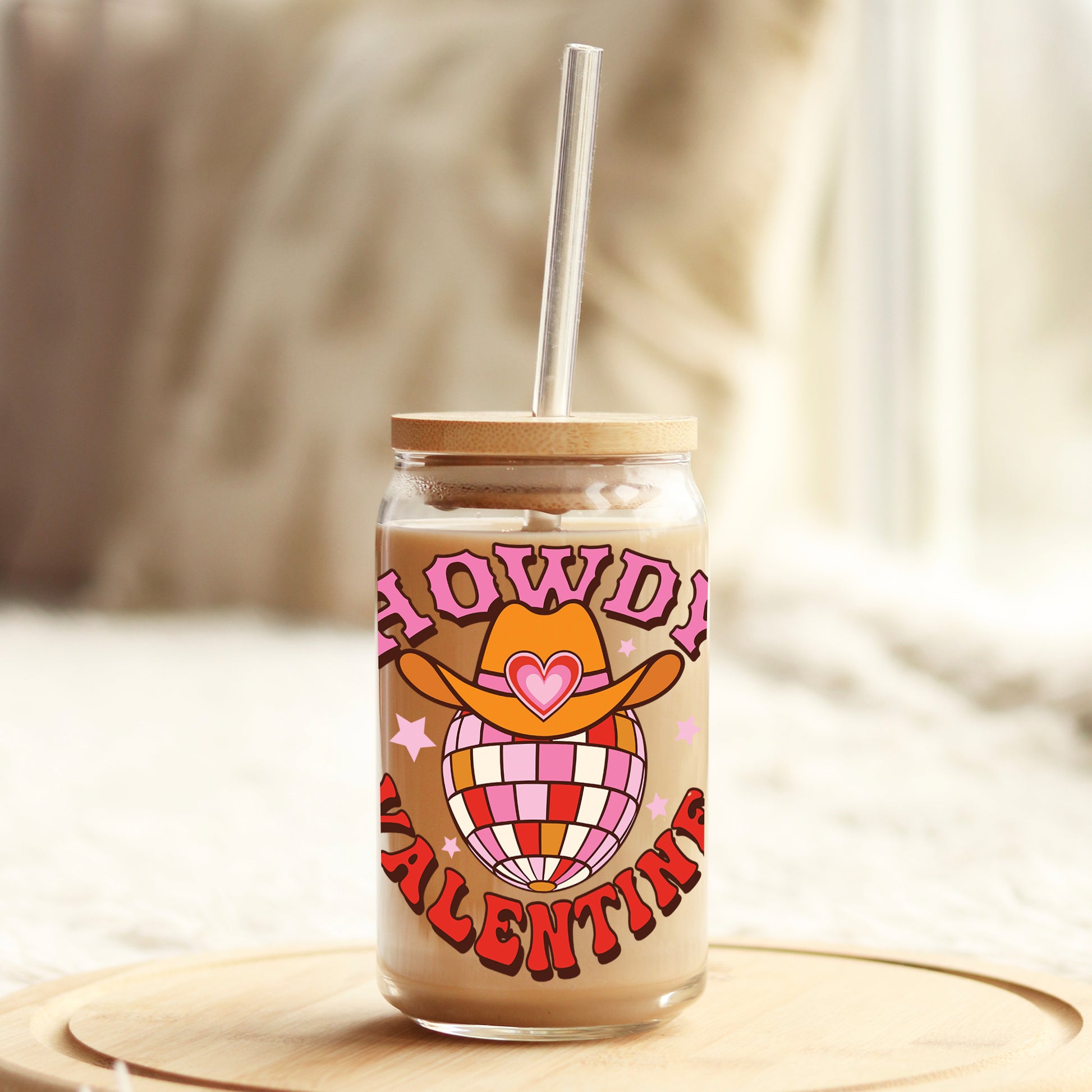 Howdy Valentine Disco Ball Valentine's Day 16oz Libbey Glass Can UV DTF or Sublimation Cup Wrap - Decal Transfer - Weefers