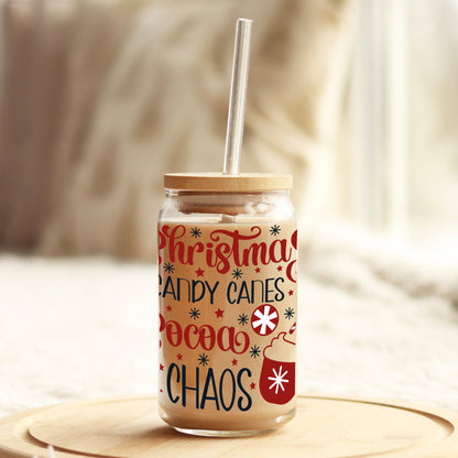 Christmas Candy Canes, Cocoa and Chaos 16oz Libbey Glass Can UV DTF or Sublimation Cup Wrap - Decal Transfer - Weefers