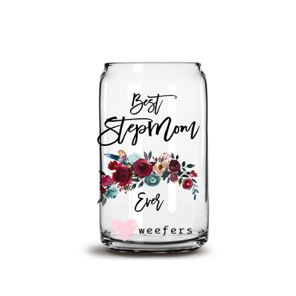 Best Stepmom Ever Burgundy Floral 16oz Libbey Glass Can UV DTF or Sublimation Wrap - Decal - Weefers