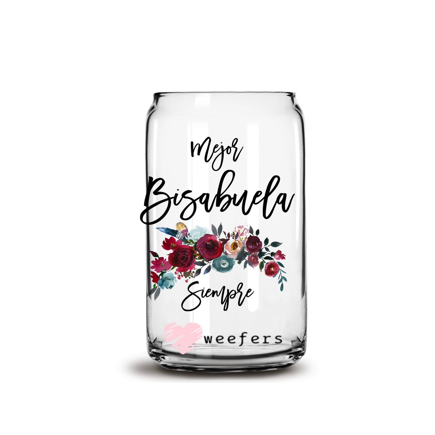 Spanish Mejor Bisabuela Siempre Burgundy Floral 16oz Libbey Glass Can UV DTF or Sublimation Wrap - Decal - Weefers