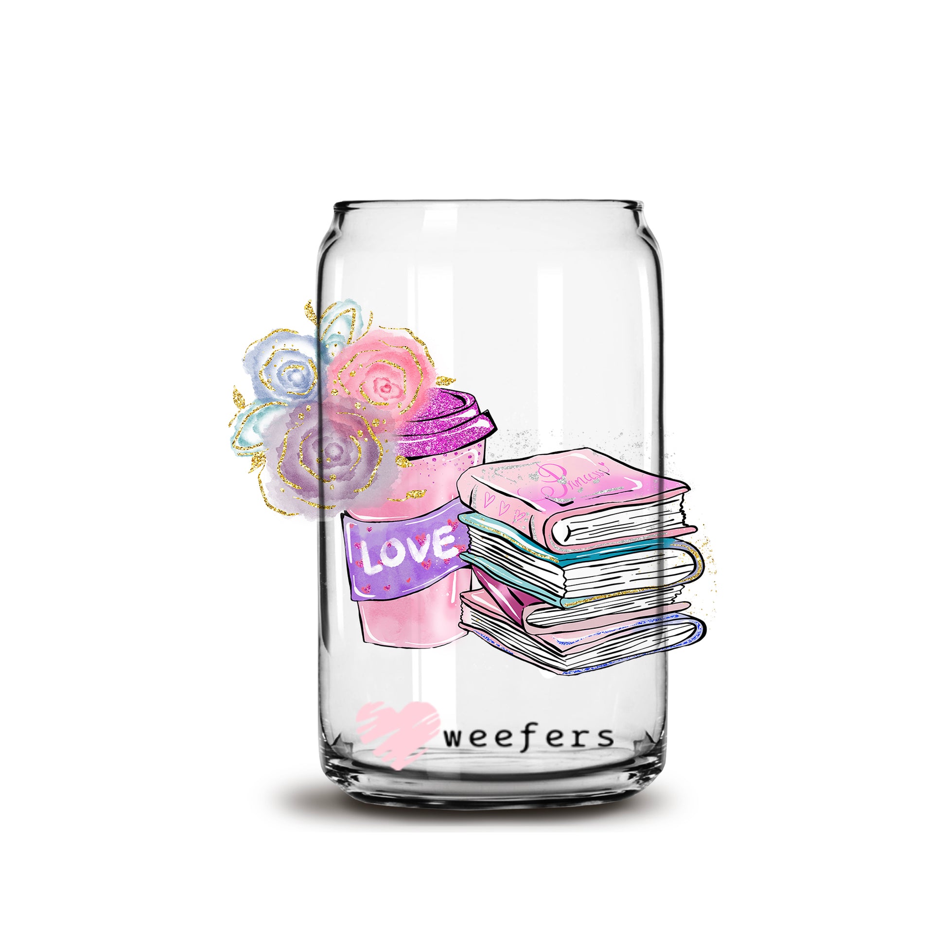 Pink Love Books 16oz Libbey Glass Can UV DTF or Sublimation Wrap - Decal - Weefers