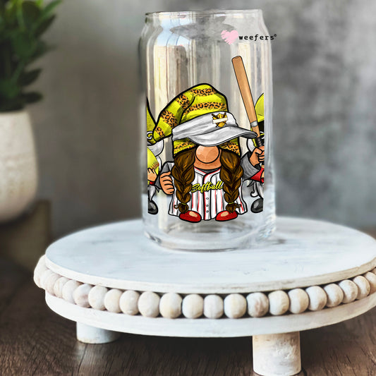 Softball Gnomes 16oz Libbey Glass Can UV DTF or Sublimation Cup Wrap - Decal Transfer Weefers