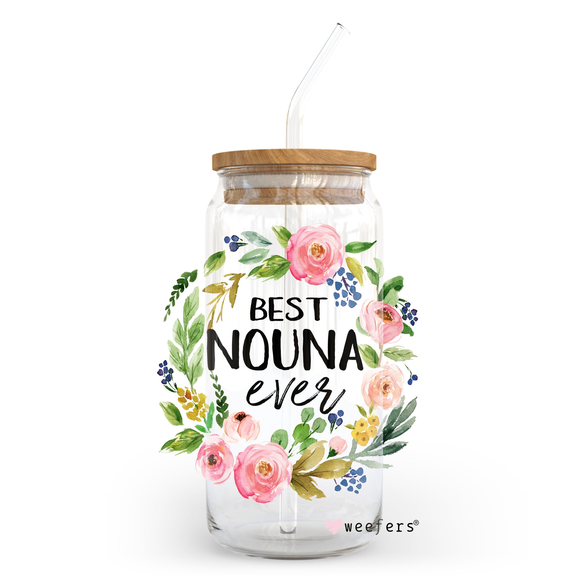 Best Nouna Ever Floral Wreath 20oz Libbey Glass Can, 34oz Hip Sip, 40oz Tumbler UV DTF or Sublimation Decal Transfer - Weefers