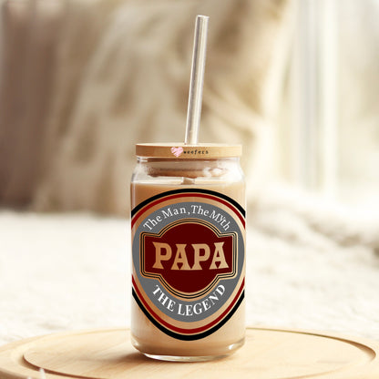 Papa the Man the Myth the Legend 16oz Libbey Glass Can UV DTF or Sublimation Cup Wrap - Decal Transfer - Weefers