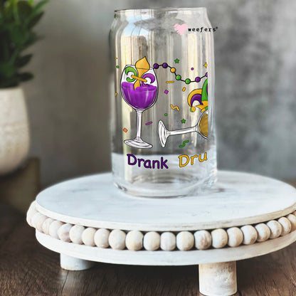 Drink Drank Drunk Mardi Gras 16oz Libbey Glass Can UV DTF or Sublimation Cup Wrap - Decal Transfer - Weefers