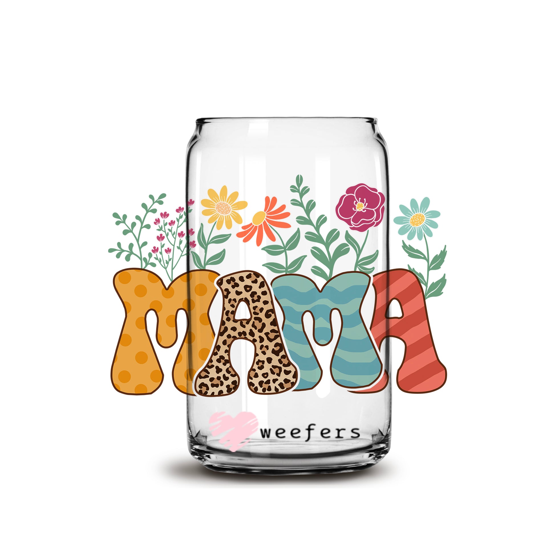 Boho Floral Mama Orange Leopard 16oz Libbey Glass Can UV DTF or Sublimation Cup Wrap - Decal Transfer - Weefers