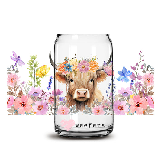 Light Pink Floral Highlander Cow  16oz Libbey Glass Can UV DTF or Sublimation Cup Wrap - Decal Transfer - Weefers