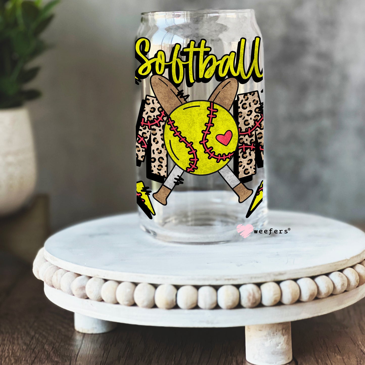 Softball Lightening 16oz Libbey Glass Can UV DTF or Sublimation Wrap - Decal - Weefers