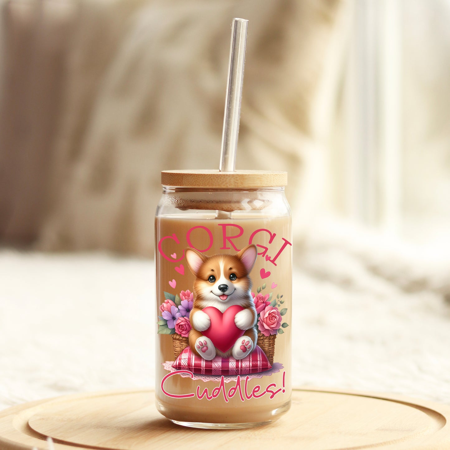 Corgi Cuddles Valentine's Day 16oz Libbey Glass Can UV DTF or Sublimation Cup Wrap - Decal Transfer - Weefers