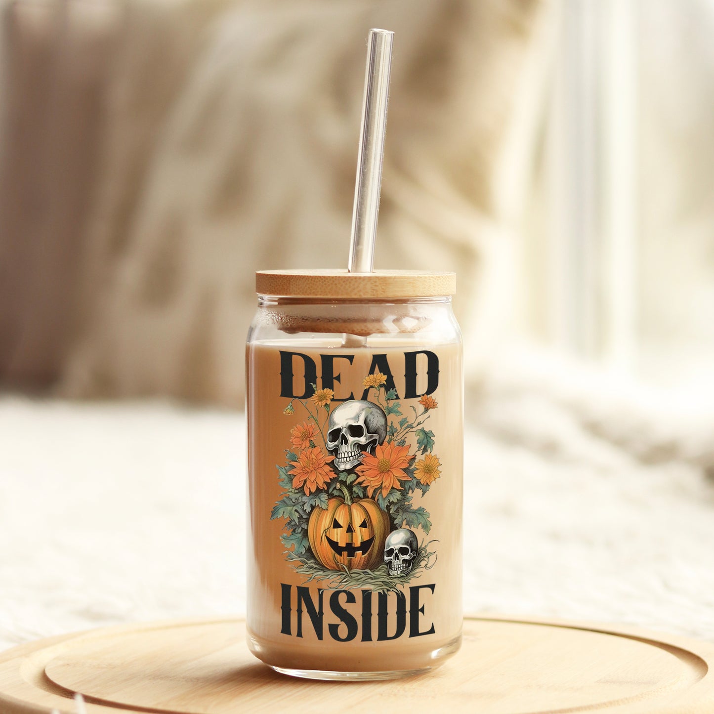 Dead Inside Skull Pumpkin Halloween 16oz Libbey Glass Can UV DTF or Sublimation Wrap - Decal - Weefers