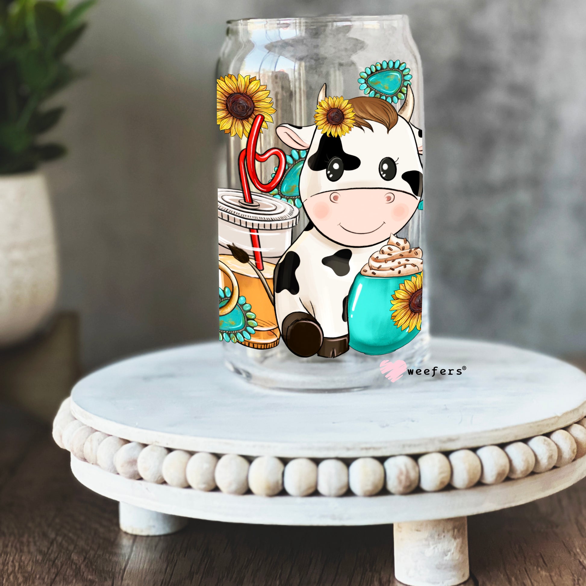 Western Sunflower Cow Libbey Glass Can UV DTF or Sublimation Wrap - Decal - Weefers