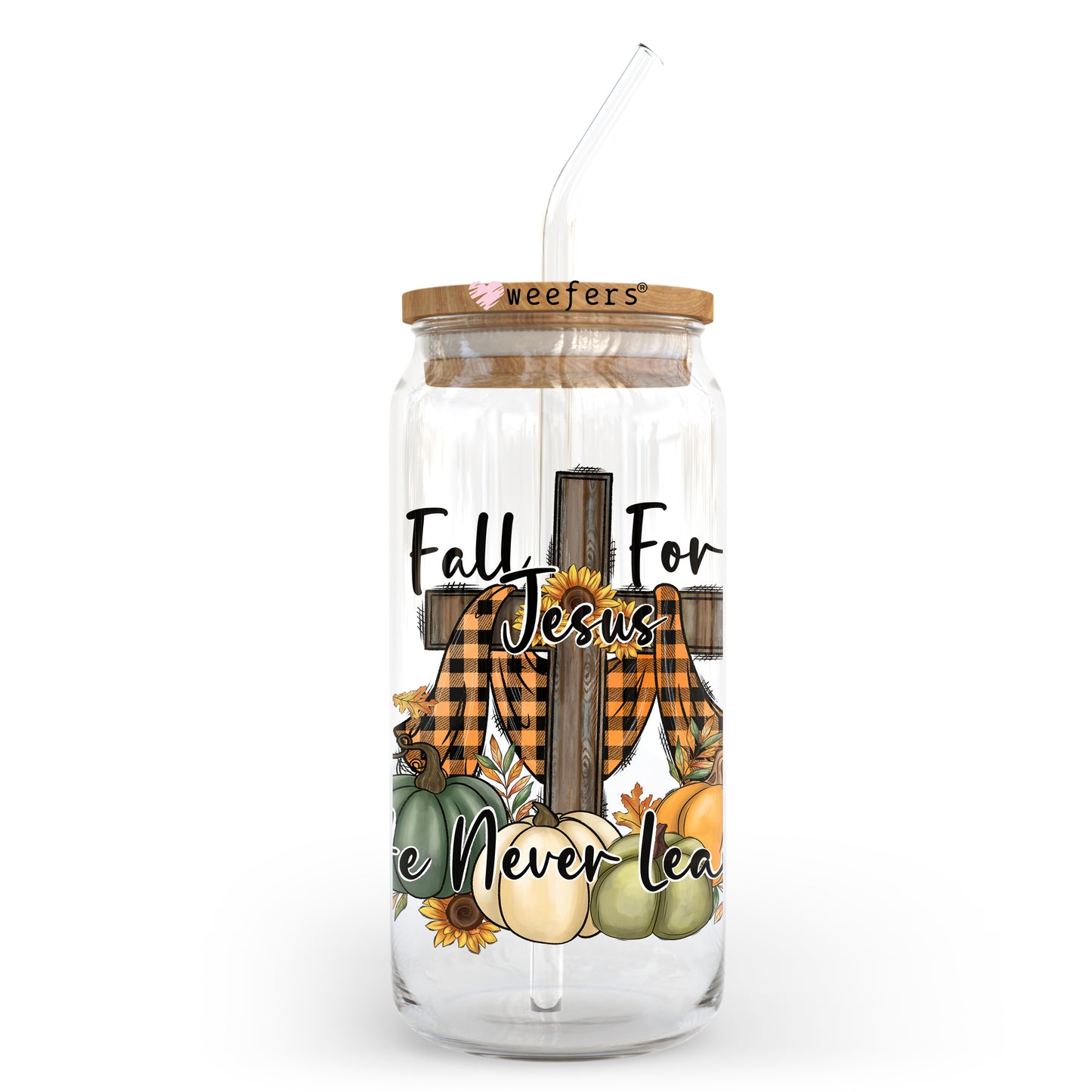 Fall for Jesus He Never Leaves Christian 20oz Libbey Glass Can, 34oz Hip Sip, 40oz Tumbler UV DTF or Sublimation Decal Transfer - Weefers