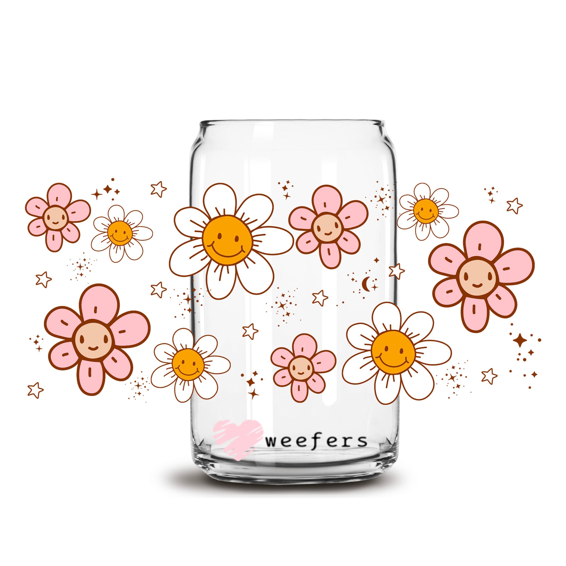 Retro Floral Smiles 16oz Libbey Glass Can UV DTF or Sublimation Cup Wrap - Decal Transfer - Weefers