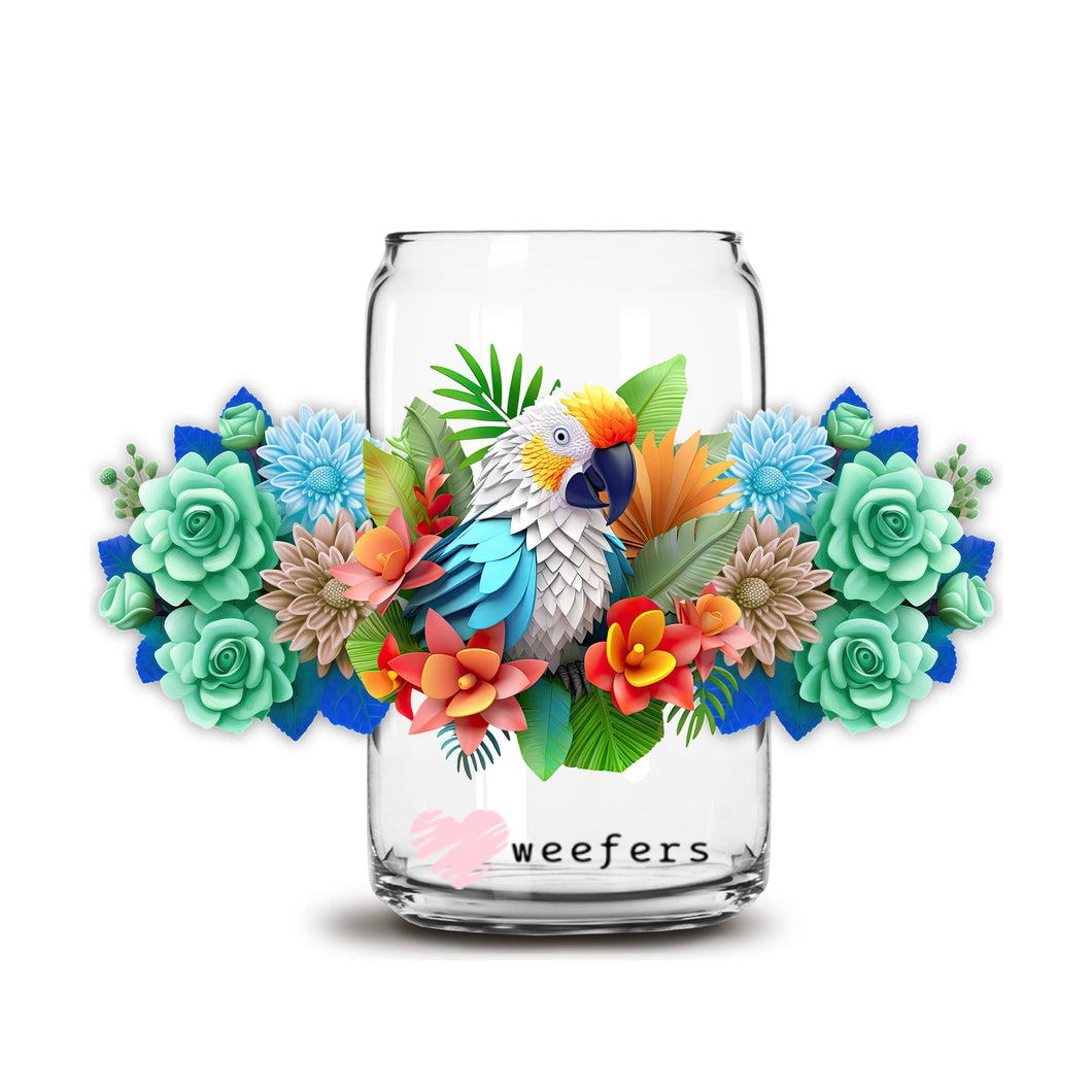 a glass jar with flowers and a bird on it