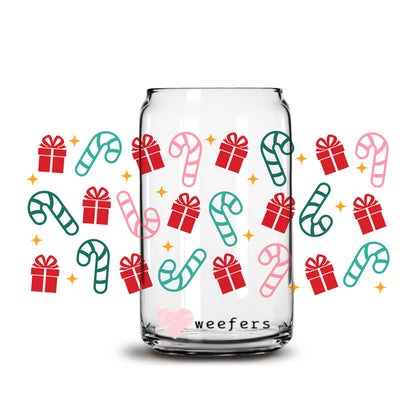 Christmas Presents and Candy Canes 16oz Libbey Glass Can UV DTF or Sublimation Wrap - Decal - Weefers