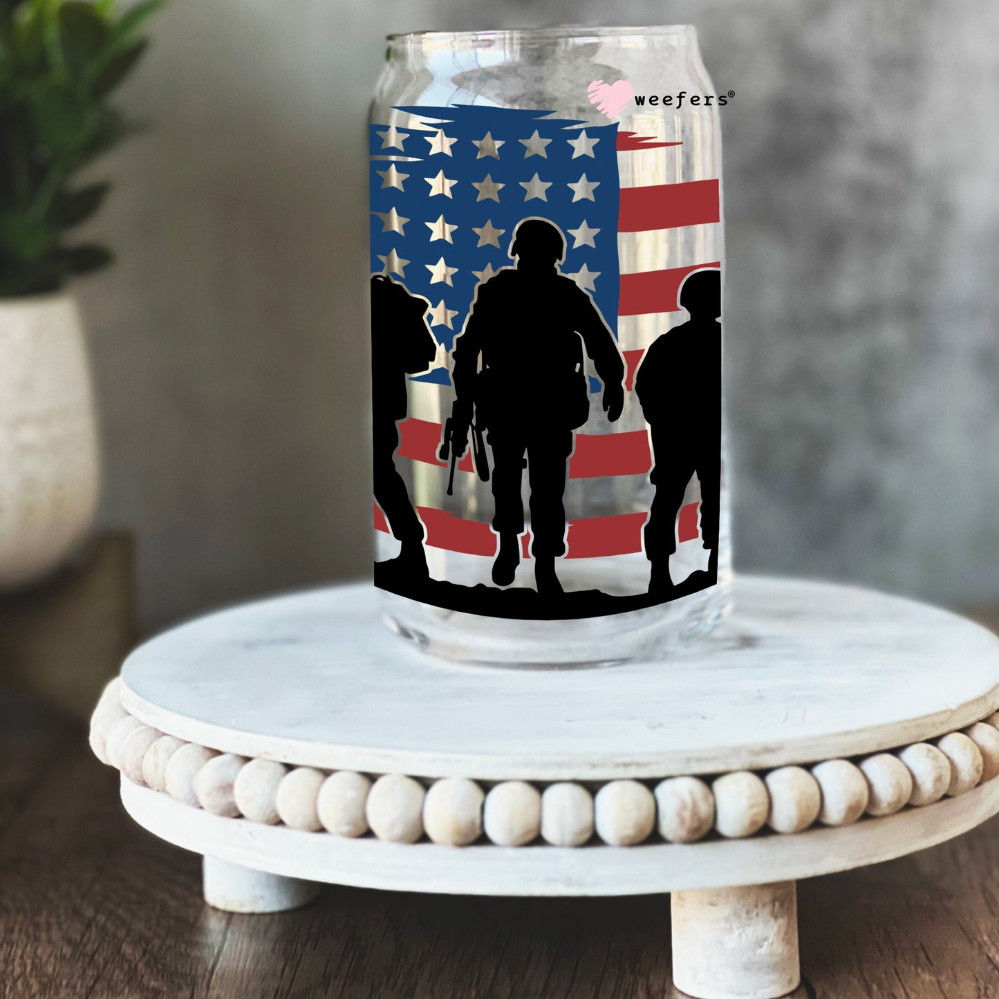 Soldier American Flag 16oz Libbey Glass Can UV DTF or Sublimation Wrap - Decal - Weefers