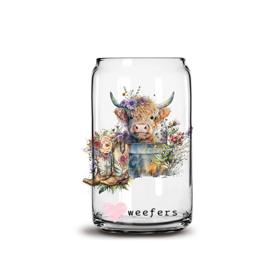 Baby Highlander Cow and Cow boots 16oz Libbey Glass Can UV DTF or Sublimation Cup Wrap - Decal Transfer Weefers