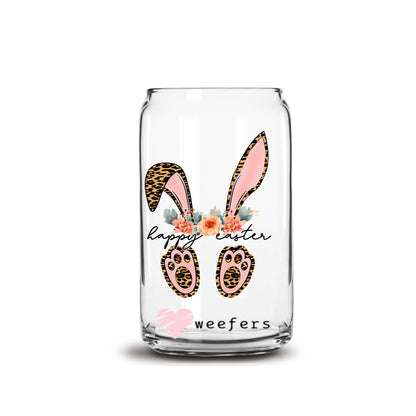 Happy Easter Leopard Floral Bunny 16oz Libbey Glass Can UV DTF or Sublimation Cup Wrap - Decal Transfer - Weefers