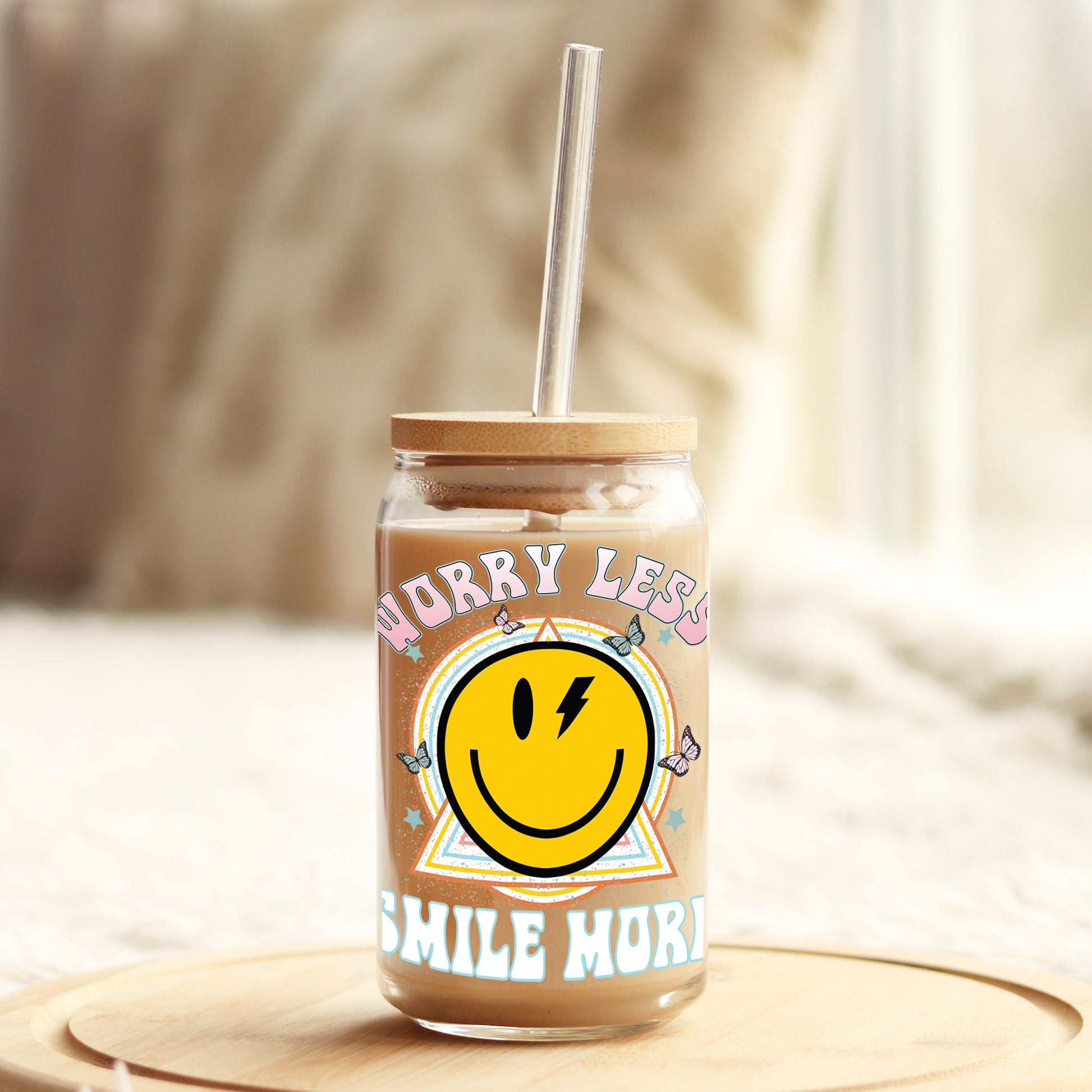 Worry Less Smile More 16oz Libbey Glass Can UV DTF or Sublimation Cup Wrap - Decal Transfer Weefers