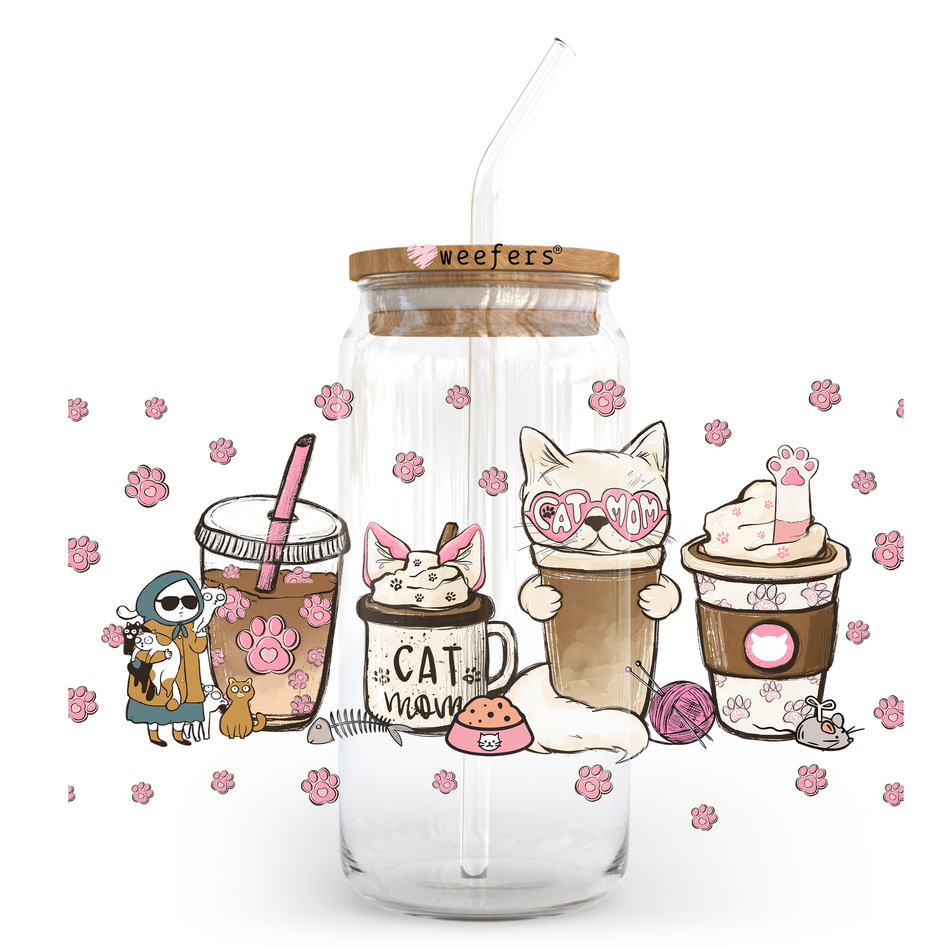 Pink Cat Mom Coffee Latte 20oz Libbey Glass Can, 34oz Hip Sip, 40oz Tumbler UV DTF or Sublimation Decal Transfer - Weefers