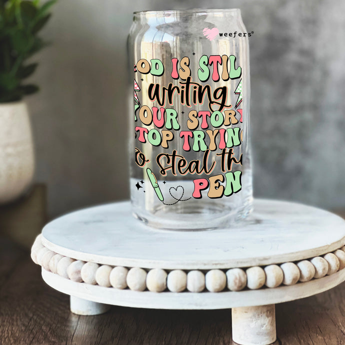 a jar with writing on it sitting on a table