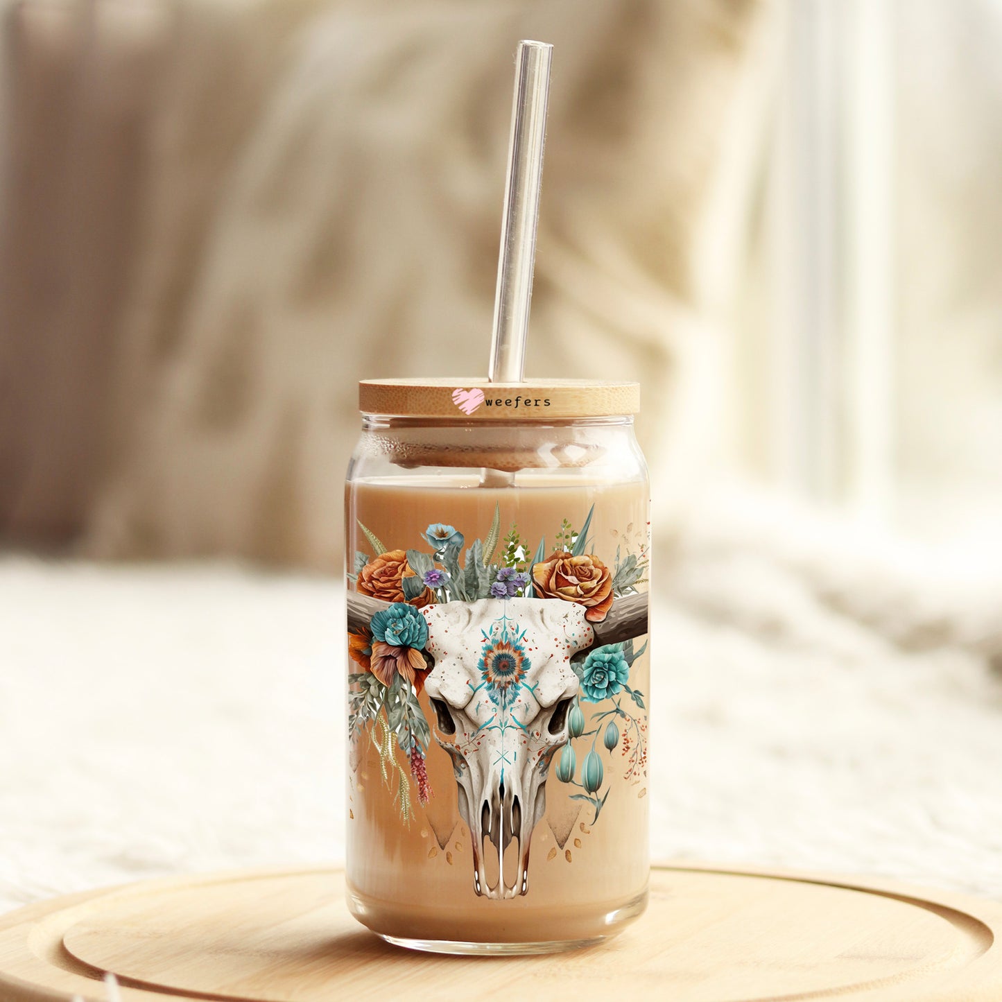 Cow Skull Aztec 16oz Libbey Glass Can UV DTF or Sublimation Cup Wrap - Decal Transfer - Weefers