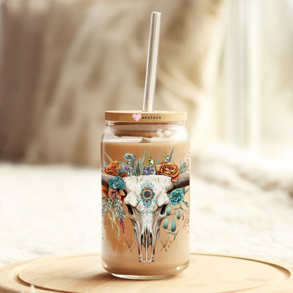 Cow Skull Aztec 16oz Libbey Glass Can UV DTF or Sublimation Cup Wrap - Decal Transfer - Weefers