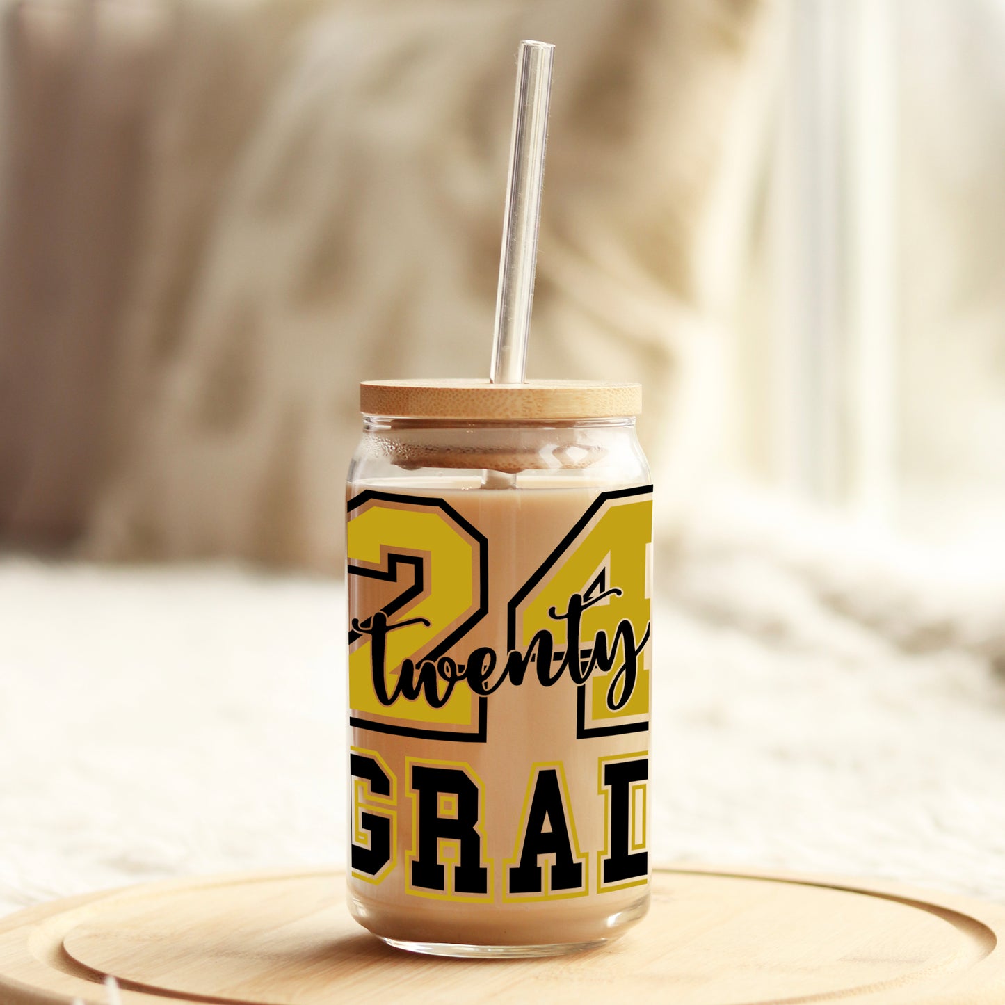 Gold Glass of 2024 Grad 16oz Libbey Glass Can UV DTF or Sublimation Wrap - Decal - Weefers