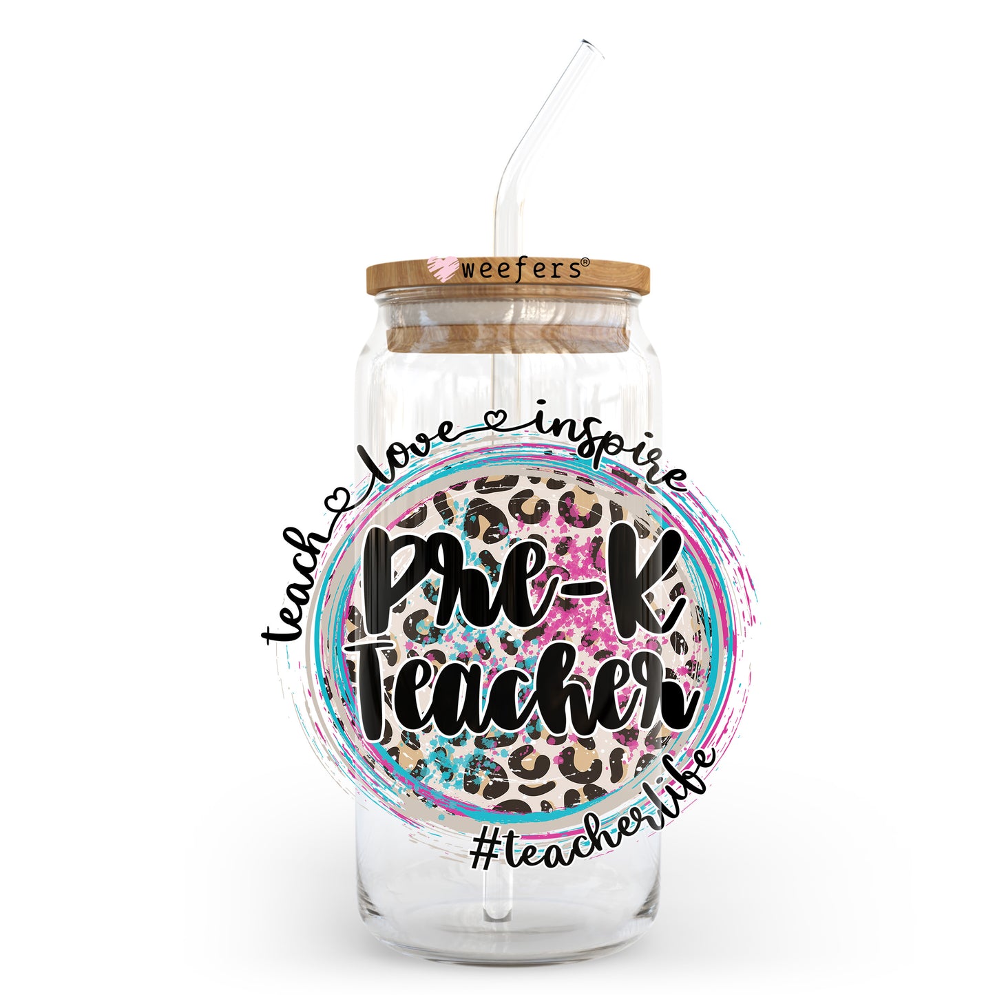 Pre-K Teacher Inspire Love 20oz Libbey Glass Can UV DTF or Sublimation Wrap - Decal Transfer Weefers