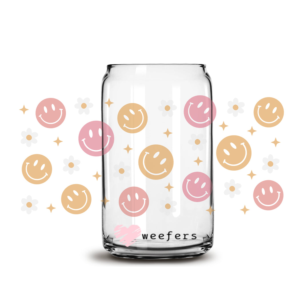 Retro Smile Face Daisies 16oz Libbey Glass Can UV-DTF or Sublimation Wrap - Decal