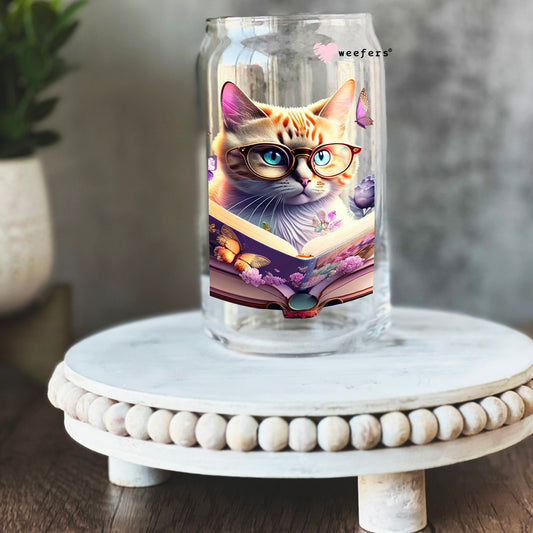 Book Reader Cat Today 16oz Libbey Glass Can UV DTF or Sublimation Cup Wrap - Decal Transfer Weefers
