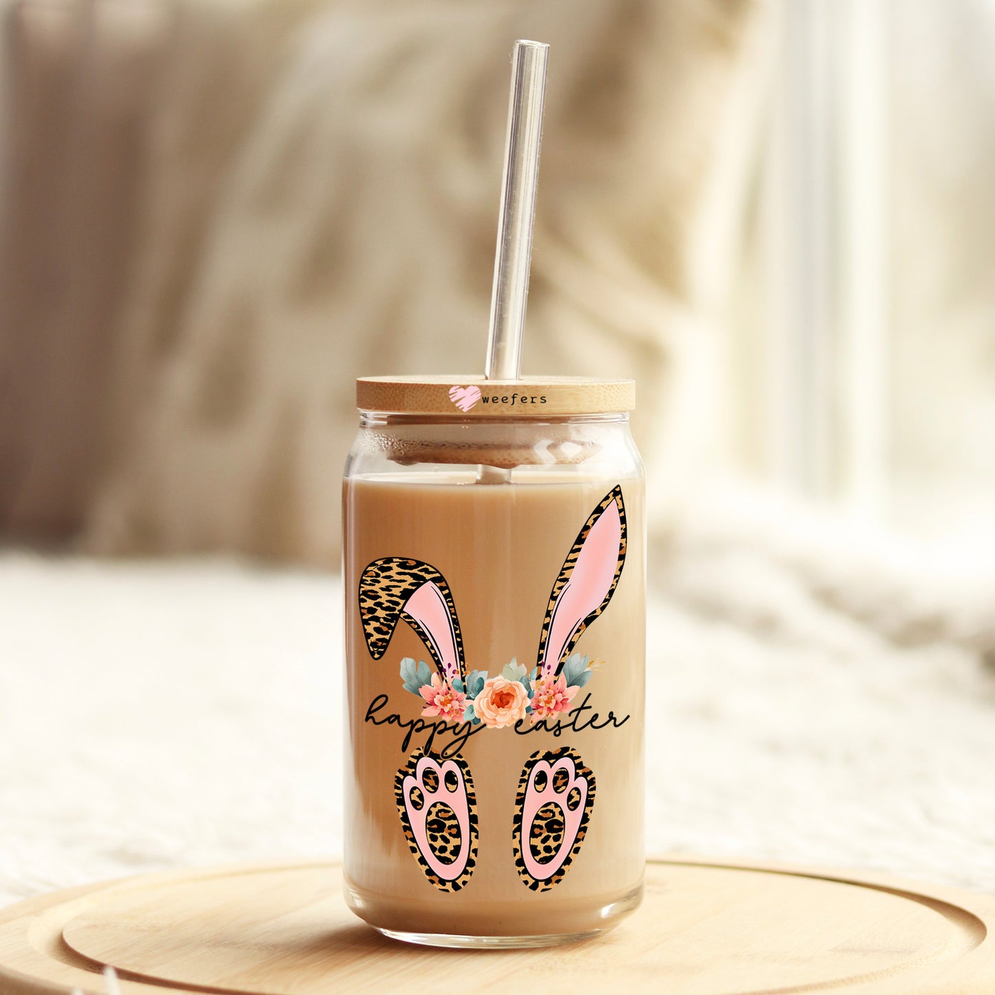 Happy Easter Leopard Floral Bunny 16oz Libbey Glass Can UV DTF or Sublimation Cup Wrap - Decal Transfer - Weefers