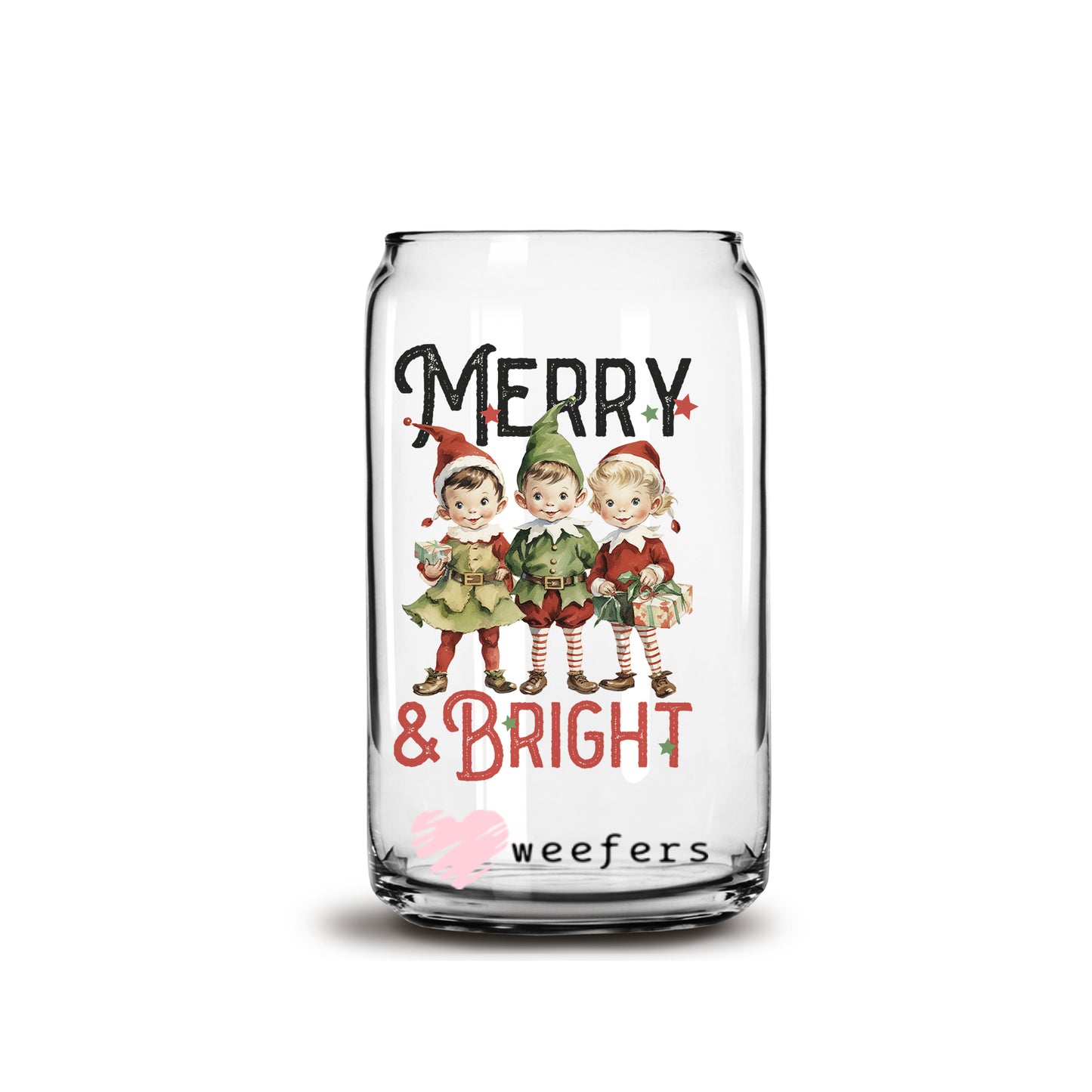 Merry and Bright Vintage Christmas 16oz Libbey Glass Can UV DTF or Sublimation Wrap - Decal - Weefers