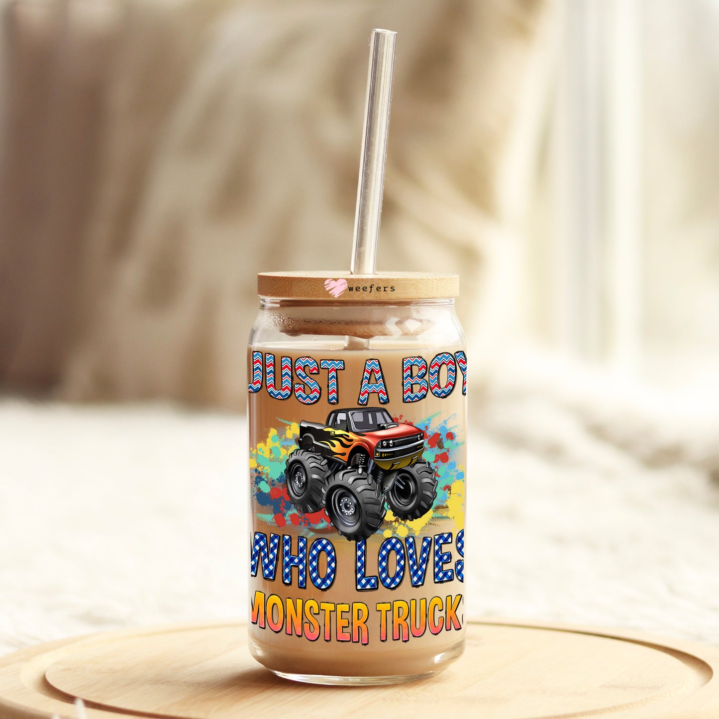 Just a Boy Who Loves Monster Trucks 16oz Libbey Glass Can UV DTF or Sublimation Cup Wrap - Decal - Weefers