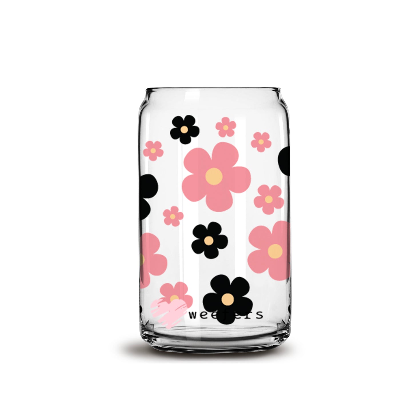 Retro Flowers Coral and Black 16oz Libbey Glass Can UV DTF or Sublimation Wrap - Decal - Weefers