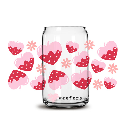 Pink and Red Strawberry Hearts Valentine's Day 16oz Libbey Glass Can UV DTF or Sublimation Cup Wrap - Decal Transfer - Weefers