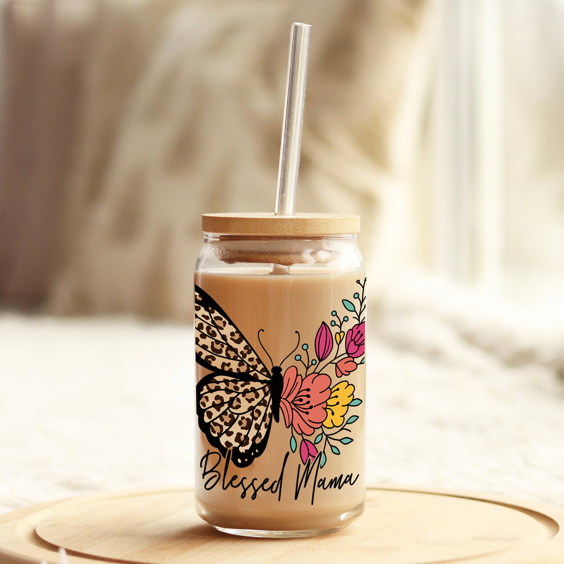 Blessed Mama Butterfly 16oz Libbey Glass Can UV DTF or Sublimation Cup Wrap - Decal Transfer - Weefers