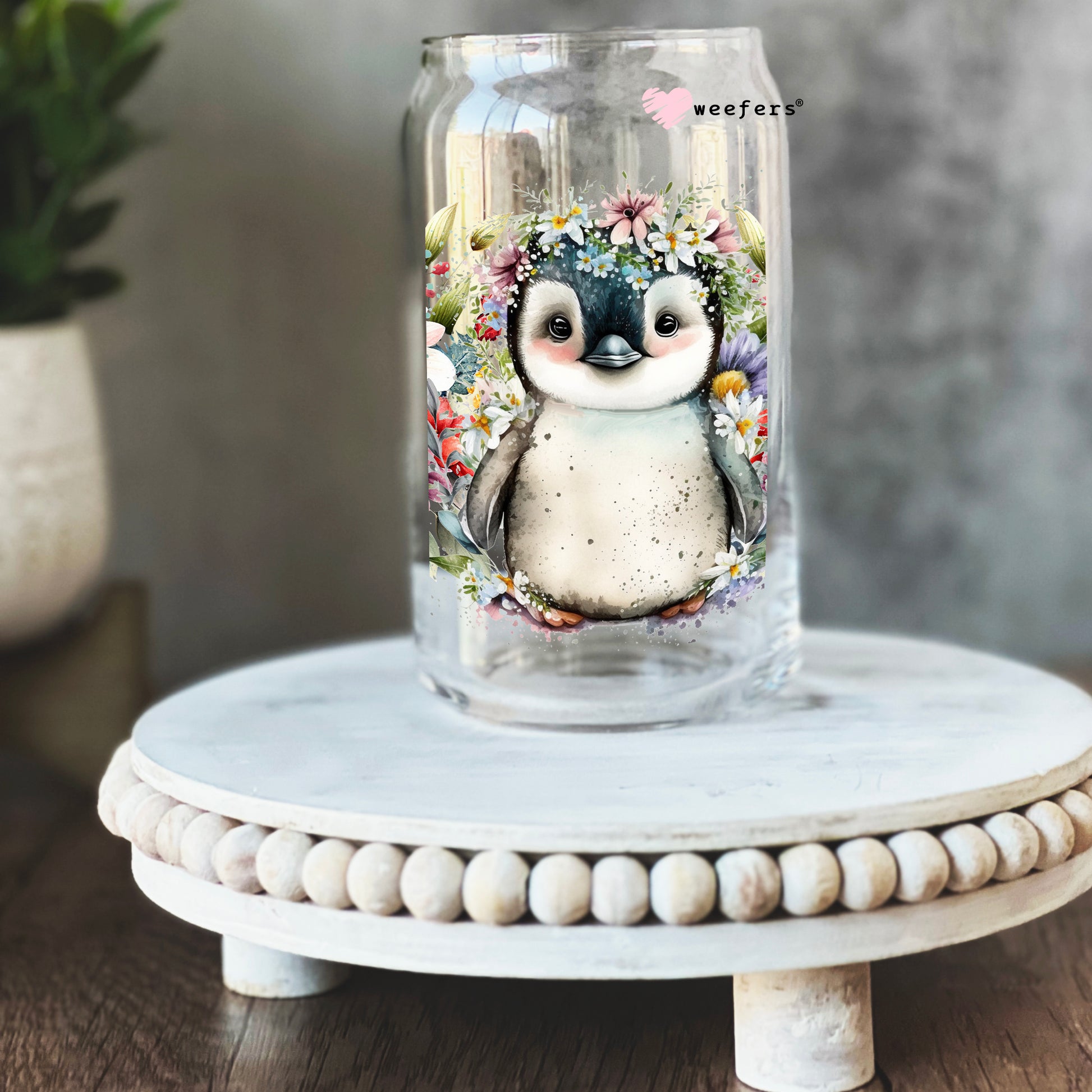 Floral Penguin  16oz Libbey Glass Can UV DTF or Sublimation Cup Wrap - Decal Transfer - Weefers