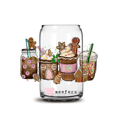 Christmas Pink Gingerbread Latte 16oz Libbey Glass Can UV DTF or Sublimation Wrap - Decal - Weefers